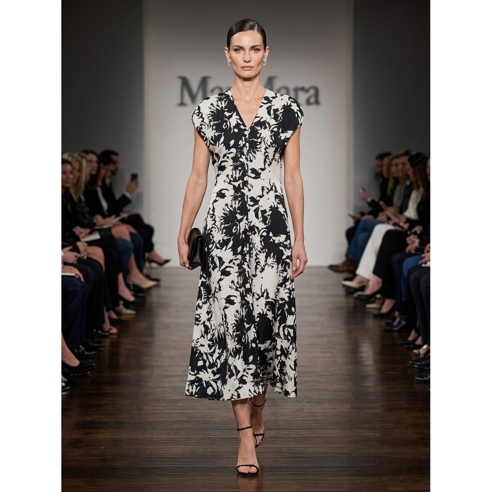 Max Mara Black White Floral V-Neck Midi Dress Cap Sleeve D243120 Italian Luxury